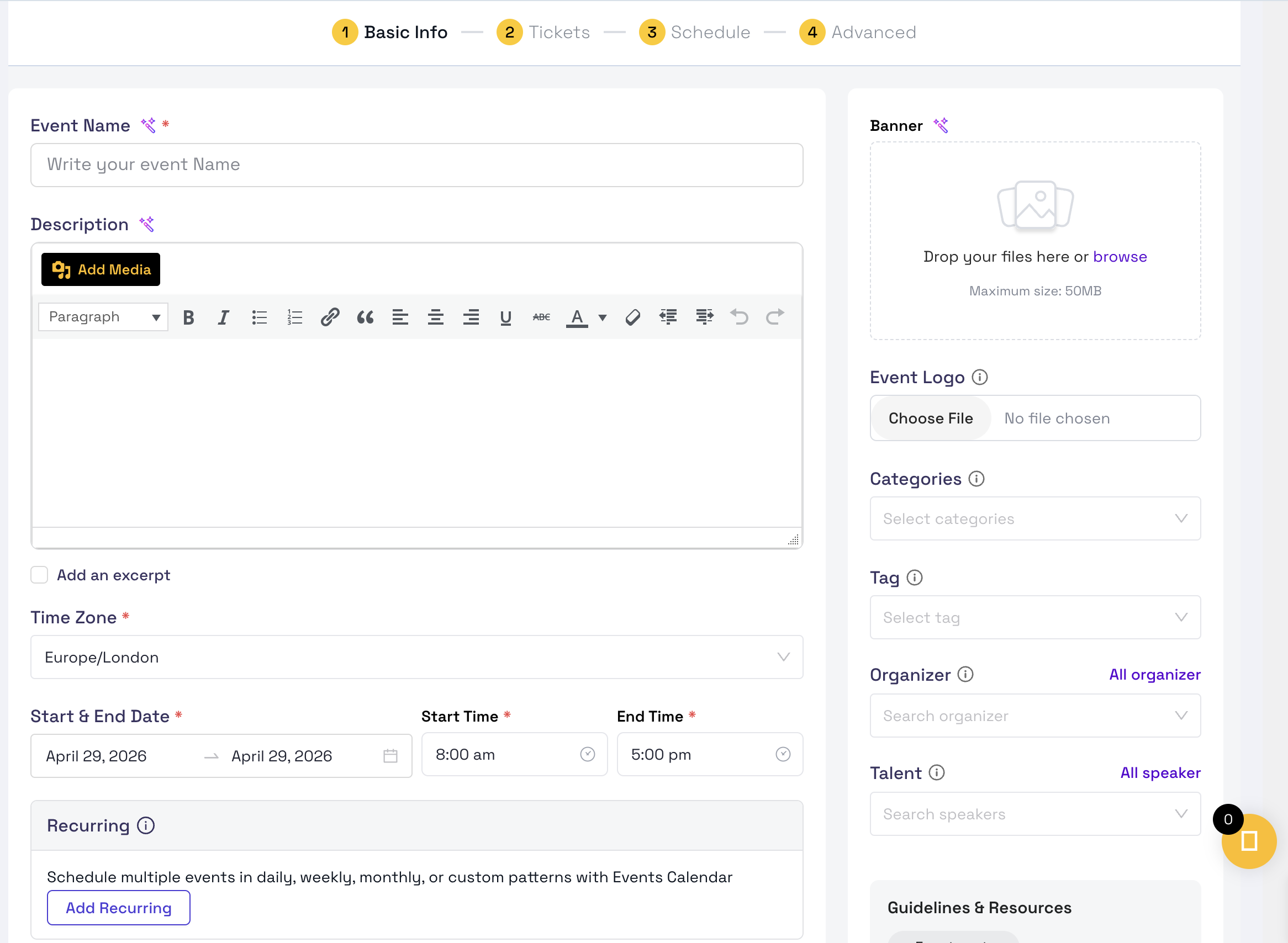 Event creation backend